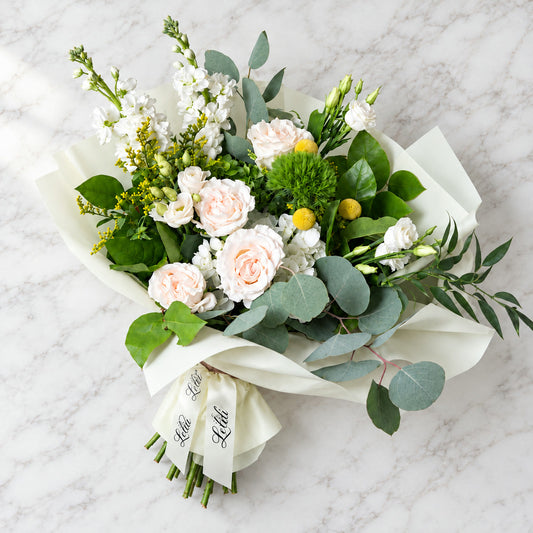 Eden Bouquet, the bouquet on a marble table