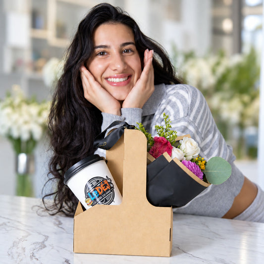 Bonjour - Coffee & Flowers Carrier, on the counter, with a smile