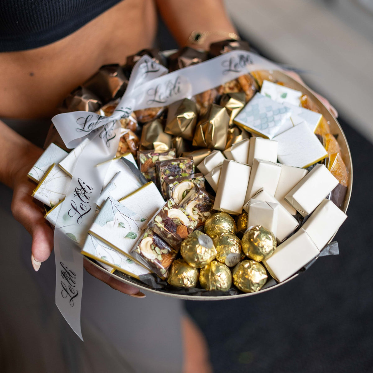 The Champagne Pedestal, top view of the chocolate arrangement