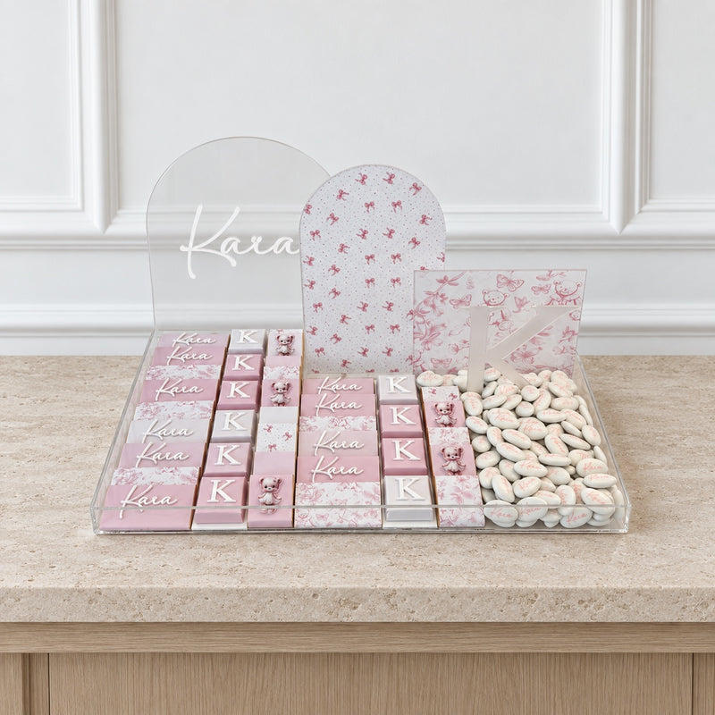 The Blush Blossom personalized chocolate tray, shown with the name Kara