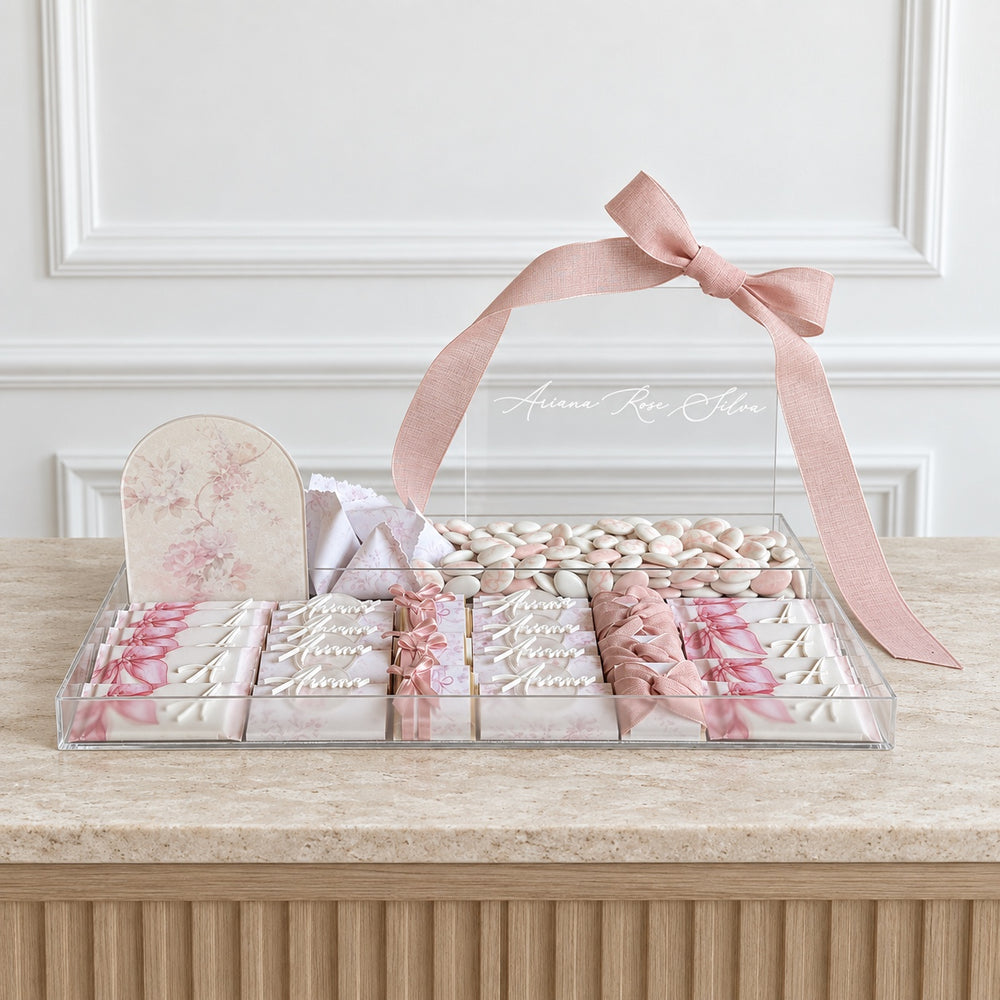The Blush Ribbon personalized chocolate tray, shown with the name Ariana Rose Silva