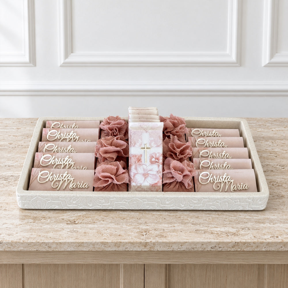 The Dusty Rose personalized chocolate tray, shown with the name Christa Maria