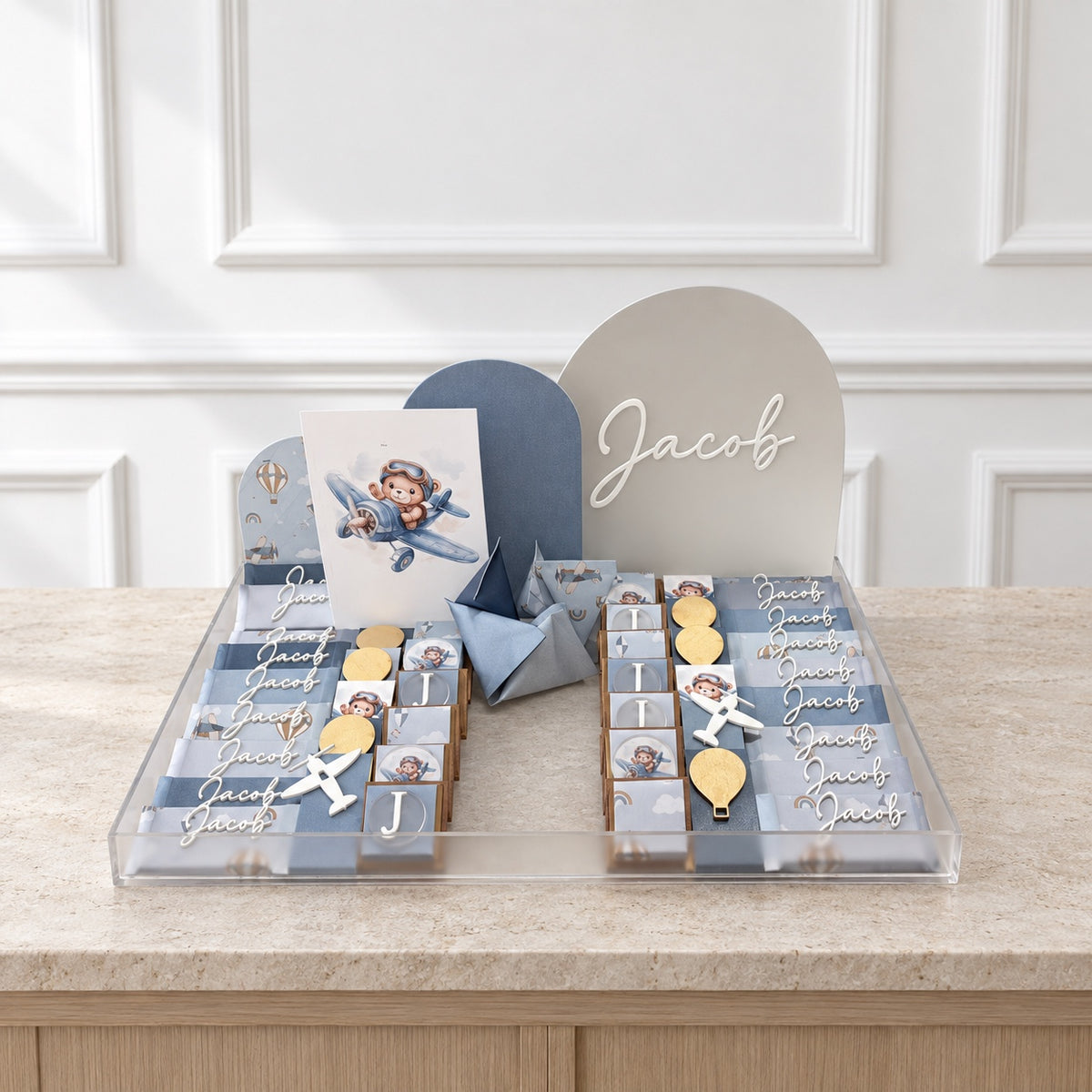 The Little Pilot personalized chocolate tray, shown with the name Jacob