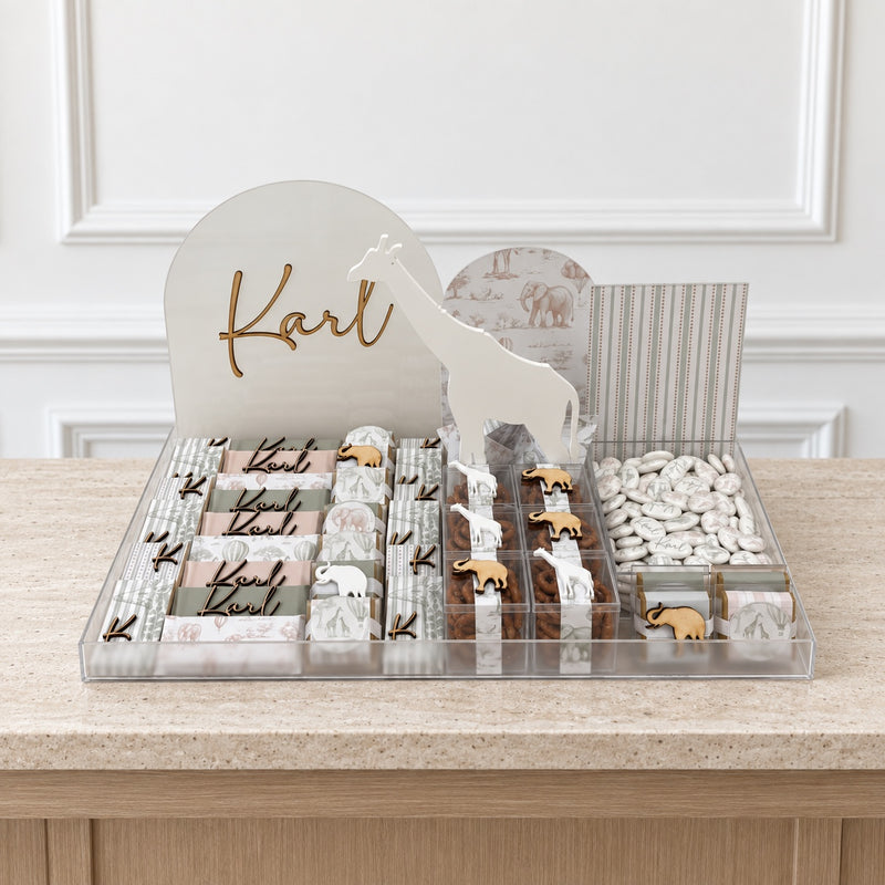 The Little Safari personalized chocolate tray, shown with the name Karl