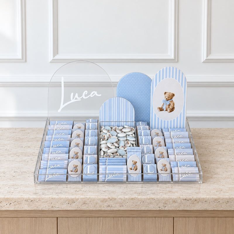 The Little Teddy personalized chocolate tray, shown with the name Luca