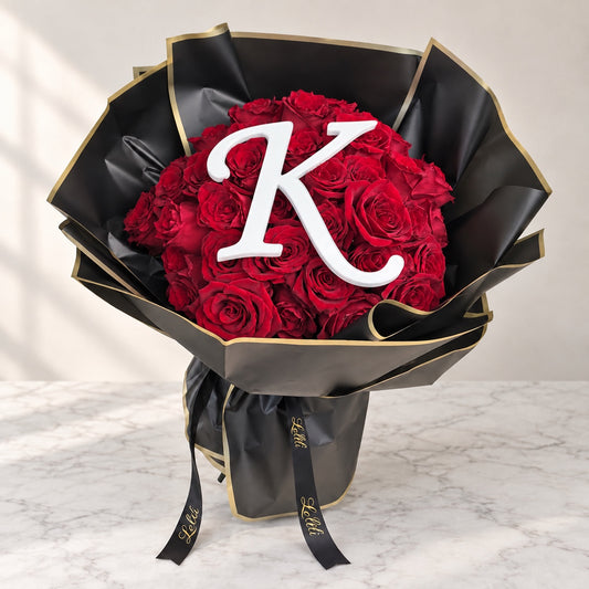 Customize Your Bouquet with a Letter, the full bouquet of 36 red roses with the letter K in white acrylic