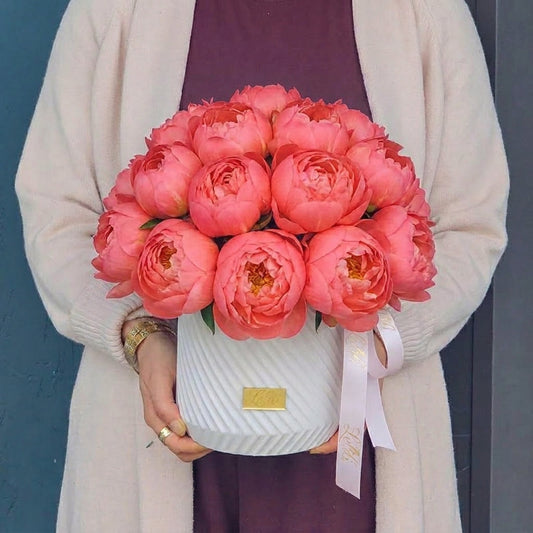 Coral Peonies in Signature Textured Lelili Pot (10 or 20 Stems)