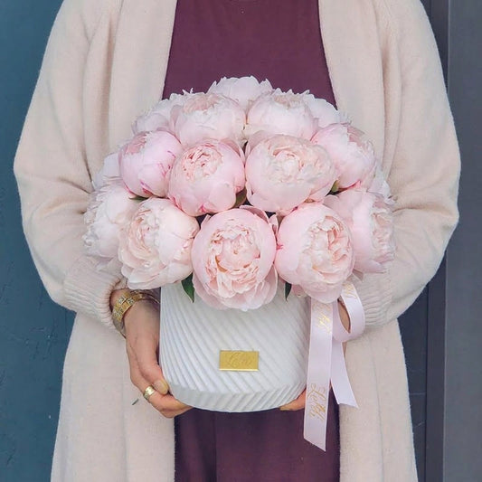 White Pink Peonies in Signature Textured Lelili Pot (10 or 20 Stems)