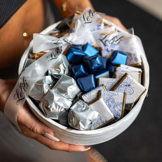 The Porcelain Blue Bowl, top view of the chocolate arrangement